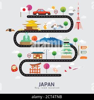 Straßenkarte und Reiseroute in Japan Stock Vektor