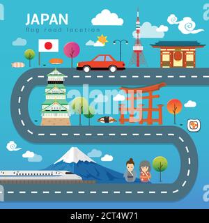 Straßenkarte und Reiseroute in Japan Stock Vektor