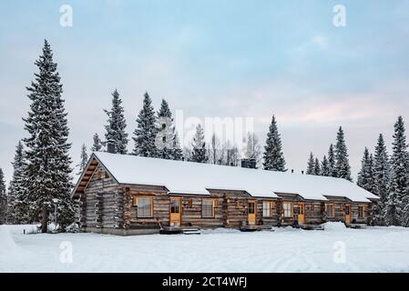 Luxus-Hütte im Wald und Wald in Akaslompolo, Lappland, Polarkreis, Finnland Stockfoto