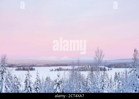 Schneebedeckter See und Wald Winterlandschaft zeigt erstaunliche Lappland Landschaft in Skandinavien in Finnland Drohne Stockfoto