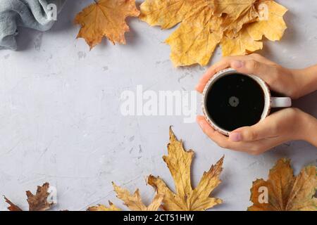 Rahmen mit Herbstblättern und einer Tasse Kaffee in weiblichen Händen auf grauem Hintergrund, Draufsicht, flach liegend, Kopierraum Stockfoto