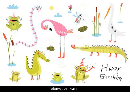 Eidechsen, Frösche, Alligatoren, Krokodile und Flamingo mit Enten- oder Rohrvögeln. Sumpf und See Doodle Tiere Cliparts Cartoon Sammlung für Kinder. Stock Vektor