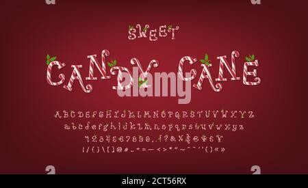 Candy Cane Alphabet für Weihnachten und Neujahr Design. Handgezeichnete Vektorschrift, rote Streifen und Misteldeko. Groß- und Kleinschreibung le Stock Vektor