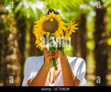 Hübsche junge Frau versteckt ihr Gesicht hinter einem Blumenstrauß Sonnenblumen Stockfoto
