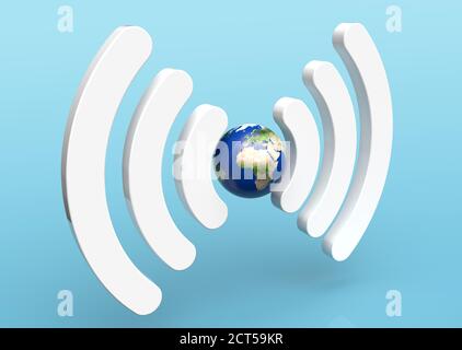 Isoliertes WiFi-Signal-Logo mit Erde und blau auf dem Hintergrund gebildet. Ökologie-Konzept. 3d-Illustration Stockfoto