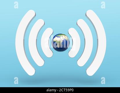 Isoliertes WiFi-Signal-Logo mit Erde und blau auf dem Hintergrund gebildet. Ökologie-Konzept. 3d-Illustration Stockfoto