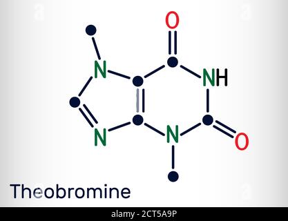 Theobromin, Dimethylxanthin, Purinalkaloid C7H8N4O2 Molekül. Es ist Xanthinalkaloid in der Kakaobohne. Chemische Formel des Skeletts. Abbildung. Stock Vektor