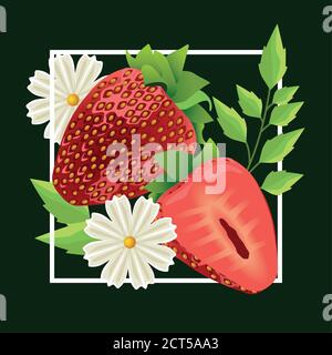 Blumenhintergrund mit Erdbeeren und Blumen Vektor Illustration Design Stock Vektor