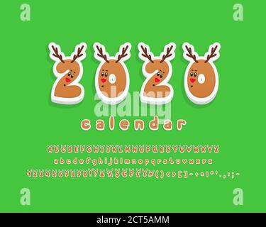 Hirsch-Alphabet. Zeichentrickfilm Vektor 3D-Schrift. Großbuchstaben und Zahlen mit niedlichen Tiergesichtern. Lustige Überschrift für Kalender, Weihnachten und Neujahr Stock Vektor