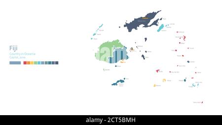 Fidschi-Karte. Farbenfrohe detaillierte Vektorkarte von Ozeanien, südpazifik Land. Stock Vektor
