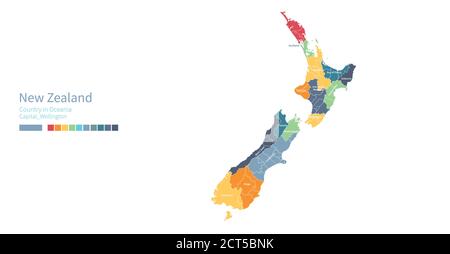 Neuseeland-Karte. Farbenfrohe detaillierte Vektorkarte von Ozeanien, südpazifik Land. Stock Vektor