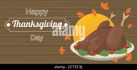 Happy Thanksgiving Day Poster mit truthahn Essen im Holzhintergrund vektorgrafik Design Stock Vektor