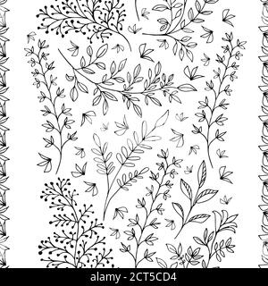 Elegante Linie Kunst wild Wiese Gras nahtlose Vektor-Muster Hintergrund. Schwarz und weiß Hintergrund der verstreuten Blätter viktorianischen Stil vertikale geometrische Stock Vektor