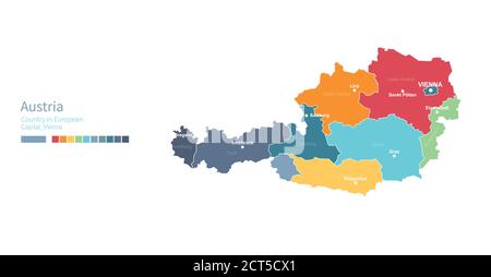 Österreich-Karte. Bunte detaillierte Vektorkarte des europäischen Landes. Stock Vektor