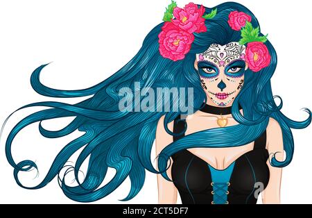 Mädchen mit Make-up mexikanische Zucker Schädel und Blumen in lang Haar.die Figur für den mexikanischen Tag der Toten Dia De los Muertos oder Halloween Stock Vektor
