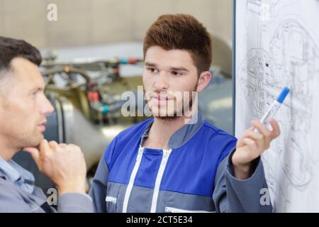 Kluger Schüler erklärt dem Lehrer Diagramme Stockfoto