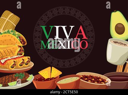 viva mexico Schriftzug und mexikanisches Food Poster mit Flaggenfarben vektorgrafik Design Stock Vektor