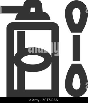 Reinigungsflasche und q-Tip-Symbol in dickem Umriss. Schwarz-Weiß-Vektorgrafik. Stock Vektor