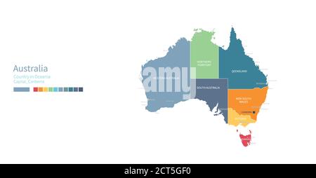 Australien-Karte. Farbenfrohe detaillierte Vektorkarte von Ozeanien, südpazifik Land. Stock Vektor