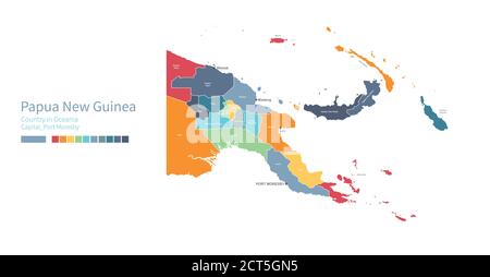 Papua-Neuguinea-Karte. Farbenfrohe detaillierte Vektorkarte von Ozeanien, südpazifik Land. Stock Vektor