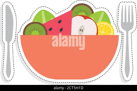 Isolierter Obstsalat mit Messer und Gabel - Vector Stock Vektor