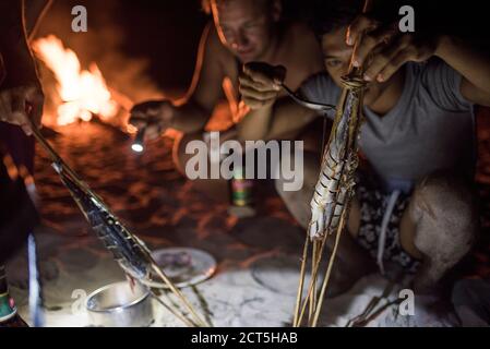 Kochen von Fischen am Feuer am Strand in der Nacht, Dawei Halbinsel, Tanintharyi Region, Myanmar (Burma) Stockfoto