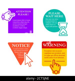 ACHTUNG, BITTE HIER WARTEN, HINWEISSCHILD und WARNSCHILD Vorlage mit Handcursors, Cursor und Sanduhr. Vektorgrafik. Stock Vektor