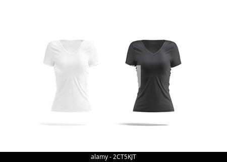 Blank schwarz-weiß Frauen V-Ausschnitt T-Shirt mockup, isoliert Stockfoto