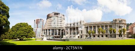 Panoramafoto des Bienenstocks, der neuseeländischen Parlamentsgebäude, Wellington, Nordinsel, Neuseeland Stockfoto