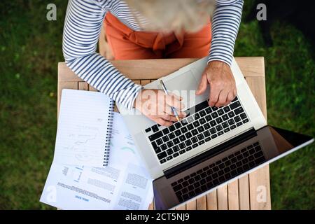 Draufsicht auf ältere Frau mit Laptop im Garten arbeiten, Home-Office-Konzept. Stockfoto