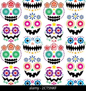 Halloween und Dia de los Muertos Schädel und Kürbis Gesichter vektor nahtlose Muster - Farbe mexikanischen Zucker Totenkopf Stil texile Design Stock Vektor