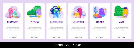 Studium Chemie, Physik, Astronomie, Literatur Botanik Mathematik Fächer. Mobile App-Bildschirme, Vektor-Website-Banner-Vorlage Stock Vektor