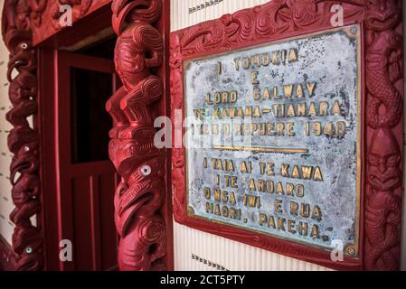 Maori Meeting House, Waitangi Treaty Grounds, Bay of Islands, Northland Region, North Island, Neuseeland Stockfoto