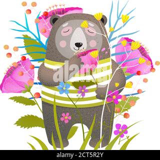 Cute braun tragen Kleidung riechende Blume flache Vektor-Illustration Stock Vektor
