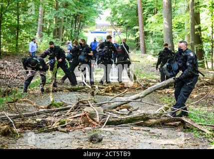 Hessen, Deutschland. September 2020. 21. September 2020, Hessen, Homberg (Ohm): Polizeikräfte räumen Barrikaden, die von Aktivisten im besetzten Waldgebiet eingerichtet wurden. Nach Angaben der Polizei werden die Baumaschinen für die A49 auf dem Gelände abgestellt. Aktivisten wehren sich gegen den weiteren Bau der Autobahn 49 im Dannenröder Wald. Foto: Andreas Arnold/dpa Quelle: dpa picture Alliance/Alamy Live News Stockfoto