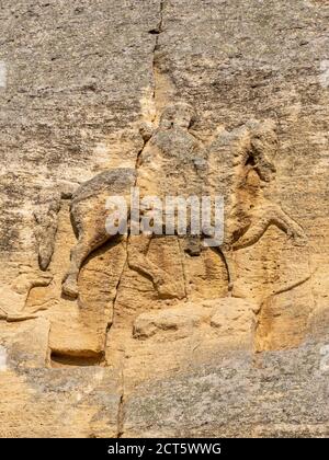 unesco-Weltkulturerbe madara Reiter oder madara Reiter frühmittelalterlichen großen Felsrelief auf der madara pateau, nordöstlichen bulgarien, in der Nähe von shumen geschnitzt Stockfoto