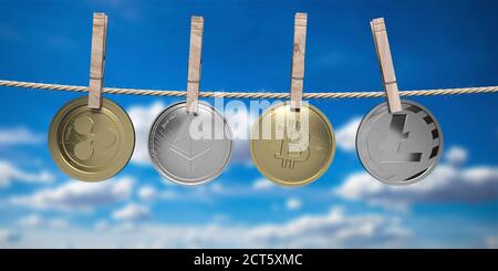 Kryptowährung Geldwäsche Konzept. Wäscheklammern halten Krypto-Münzen am Seil. Illegale Art, schmutzige Gewinne zu säubern. Blauer Himmel Hintergrund. 3d-Illustration Stockfoto