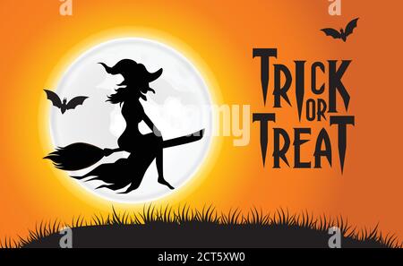 Halloween Party Trick or Treat Event Feier Banner Poster mit Illustration eines fliegenden Zauberers in der gruseligen orangen Nacht Stock Vektor