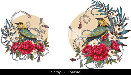 Eleganz Muster mit Blumen und Vögel Pracht der 80er Jahre, schicke Vogelketten Blumen schönen Hintergrund in teuren Stil Stock Vektor