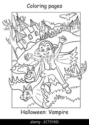 Vektor-Malvorlagen laufende Kind in Kostüm von Vampir und Fledermäuse. Halloween-Konzept. Cartoon Konturdarstellung isoliert auf weiß. Malbuch für Stock Vektor
