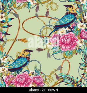 Eleganz Muster mit Blumen und Vögel Pracht der 80er Jahre, schicke Vogelketten Blumen schönen Hintergrund in teuren Stil Stock Vektor