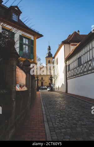 Bamberg/Deutschland-2/1/19: Jakobsplatz Jakobsplatz) Richtung St. Jakob Kirche in der Stadt Bamberg in Oberfranken (an der Regnitz clos Stockfoto