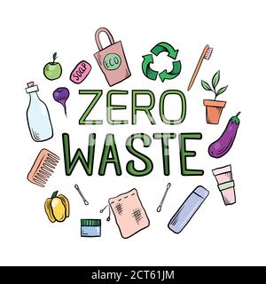 Inschrift Zero Waste mit umweltfreundlichen Objekten. Ökologische Illustration. Das Objekt ist vom Hintergrund getrennt. Vektorelement für Ihr Design Stock Vektor