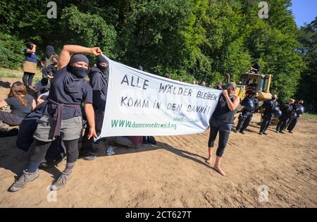 Hessen, Deutschland. September 2020. 21. September 2020, Hessen, Homberg (Ohm): Aktivisten stehen mit dem Banner "Alle Wälder bleiben. 'Komm in den Danni!' Vor Polizeikräften und einer besetzten Raupe. Nach Angaben der Polizei wird ein Bereich für das Parken von Baumaschinen vorbereitet. Aktivisten wehren sich gegen den weiteren Bau der Autobahn 49 im Dannenröder Wald. Foto: Andreas Arnold/dpa Quelle: dpa picture Alliance/Alamy Live News Stockfoto