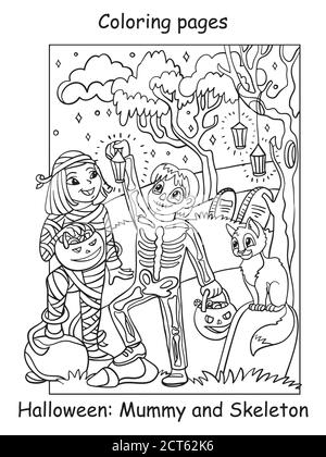 Vektor Malvorlagen glückliche Kinder in Kostümen von Skelett und Mama. Halloween-Konzept. Cartoon Konturdarstellung isoliert auf weiß. Farbgebung bo Stock Vektor