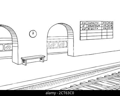 Bahnhof Bahnsteig Zug Grafik schwarz weiß Skizze Illustration Vektor Stock Vektor