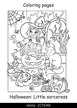 Vektor Malvorlagen kleine Hexe kocht einen Topf Trank. Halloween-Konzept. Karikatur Kontur Illustration isoliert auf weißem Hintergrund. Malbuch Stock Vektor