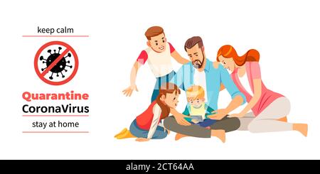 Coronavirus Covid-19, Motivationsplaster für Quarantäne. Die Familie von Erwachsenen und Kindern bleibt zu Hause, um das Infektionsrisiko zu verringern und das Virus zu verbreiten. Behalten Stock Vektor