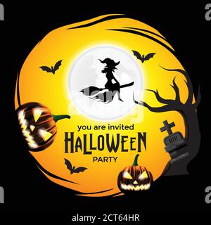Fliegender Zauberer für halloween Trick or Treat Party Einladung Banner Mit Friedhof und Jack o Laterne mit Kreisrahmen Stock Vektor