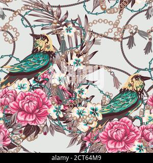 Eleganz Muster mit Blumen und Vögel Pracht der 80er Jahre, schicke Vogelketten Blumen schönen Hintergrund in teuren Stil Stock Vektor